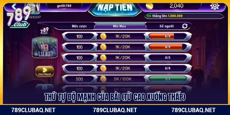 Bảng xếp hạng độ mạnh của bài từ cao đến thấp